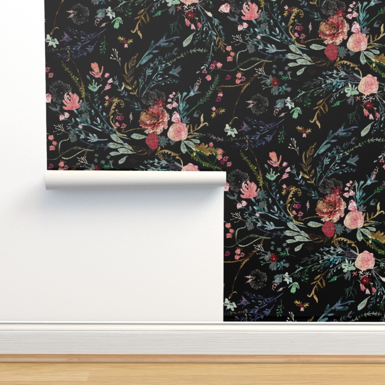 Botanical Faux Woven Texture Boho Floral Black And Pink Wild Flowers Bohemian Dark Custom Pre-pasted Wallpaper by Spoonflower Pre-Pasted Wallpaper 2FT Wide
